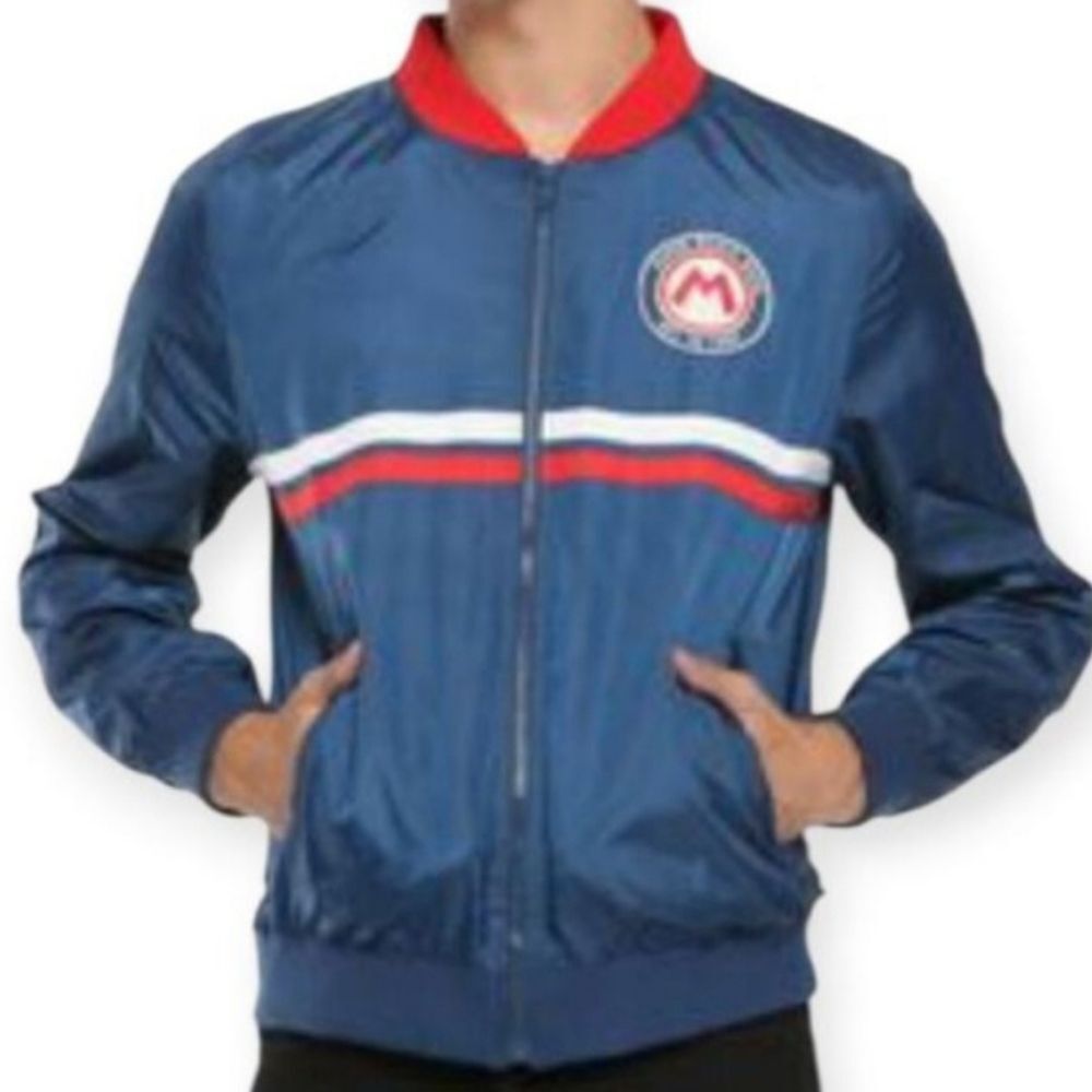 Boxlunch Super Mario Navy Blue Bomber Jacket with Red Accents Sz.L EUC.